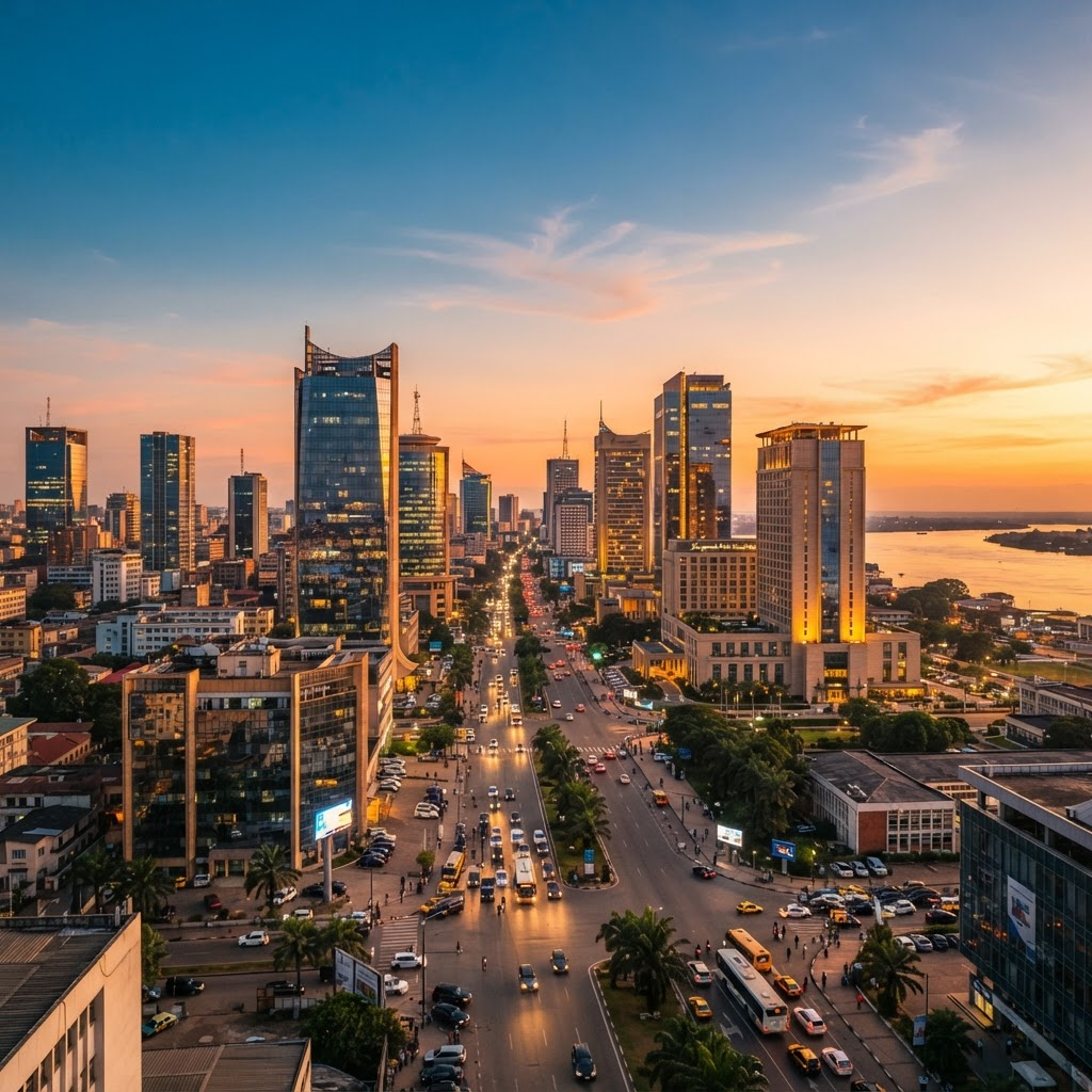 Vue du centre-ville de Kinshasa au coucher du soleil